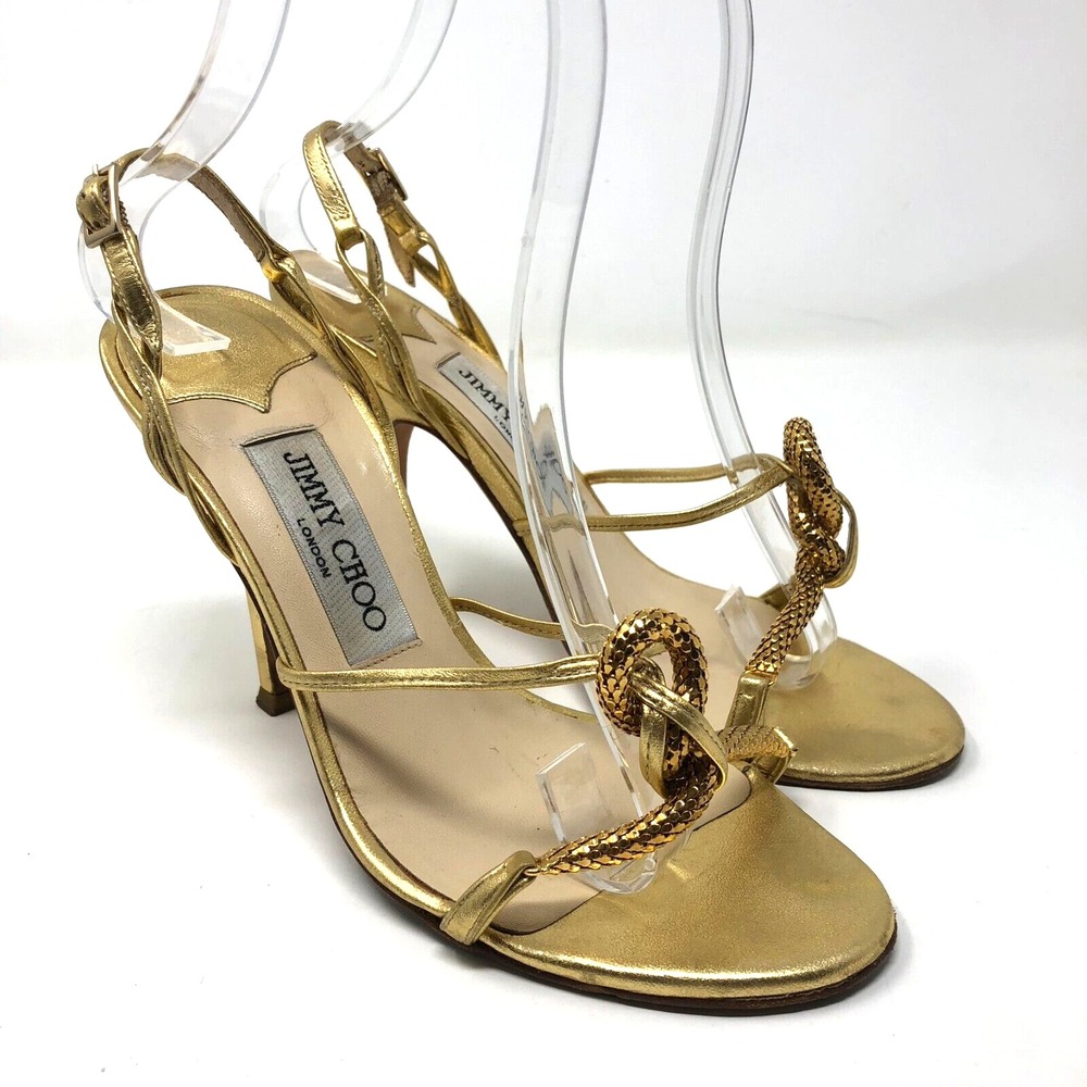 Jimmy Choo Stilletto Heels Womens 35.5 US 5.5 Leather‎ Gold Strappy Slingback